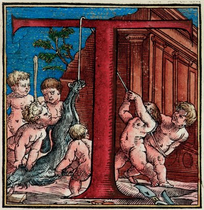 T inicial, detalhe de uma página de "The Human Body fabrica" de Andreas Vesalius de Venetian School
