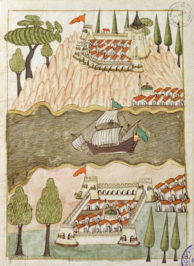 Ms. cicogna 1971, em miniatura da "Memorie Turchesche", representando as duas grandes fortalezas no Bósforo (caneta e tinta sobre papel) de Venetian School