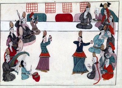 Músicos e dançarinos sob o Império Otomano. Miniatura de "Turkish Memorials" (códice Cicogna 1971 "Memorie Turchesche") Aguarela da escola veneziana do século XVII. de Venetian School
