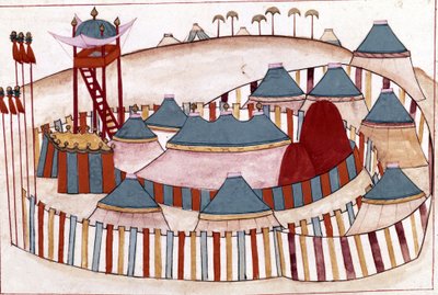 Acampamento otomano. Miniatura de "Turkish Memorials" (codex Cicogna 1971 "Memorie Turchesche") Aguarela da escola veneziana do século XVII. de Venetian School