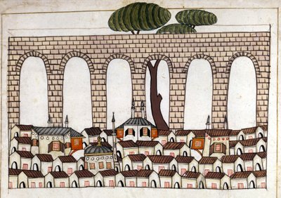 Vista de Constantinopla e do seu aqueduto. Miniatura de "Turkish Memorials" (codex Cicogna 1971 "Memorie Turchesche") Aguarela da escola veneziana do século XVII. de Venetian School