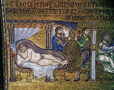 Arquitetura bizantina: mosaico “The Drunkenness of Noe” ”” feito por artistas venezianos Basílica de São Marcos do século 13 de Veneto Byzantine School