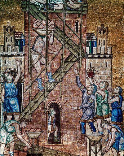 Arquitectura bizantina: "a construção da torre de Babel" No local, os trabalhadores machões, montados em andaimes, colocam as pedras da torre. Mosaico feito por artistas venezianos Basílica de San Marco (Basílica de São Marcos) do século XIII, Veneza de Veneto Byzantine School