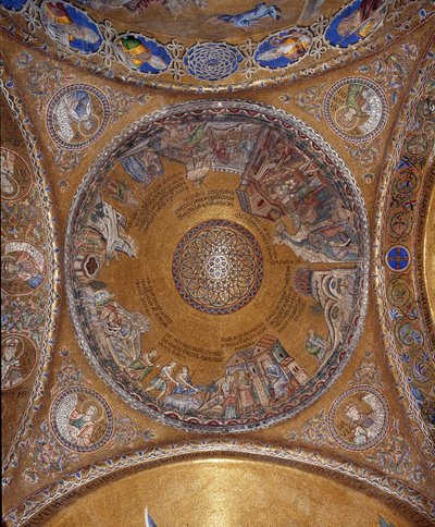 Vista da cúpula com mosaicos sobre um fundo dourado (estilo românico e bizantino) ilustrando a vida de Moisés. Nos pingentes, os quatro profetas Salomão, David, Zacarias, Malaquias. O início do século XIII. Basílica de São Marco (Basílica de de Veneto Byzantine School