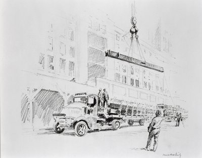 Viga de aço a ser içada do camião, para ser utilizada na construção do Empire State Building, publicada por William Edwin Rudge de Vernon Howe Bailey