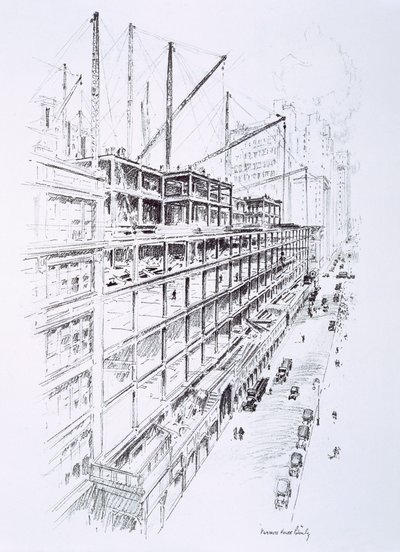Vista das gruas no 8º andar do Empire State Building, maio de 1930, publicada por William Edwin Rudge de Vernon Howe Bailey