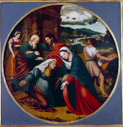 Visitação. Encontro entre a Virgem Maria e Santa Isabel. Lá no fundo, São José e Zacarias. Pintura de Juan Vincente Macip (1490-1550) Ec. Esp. de Vicente Juan (c.1510 79) Macip