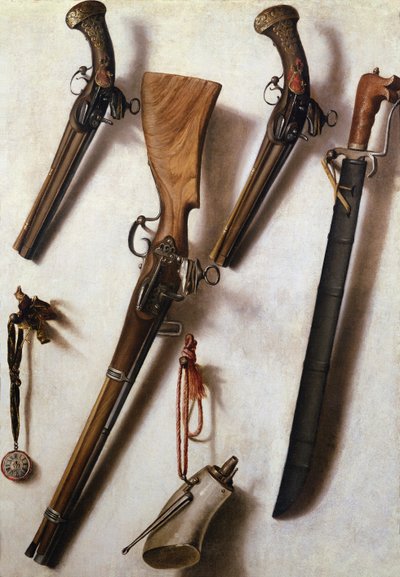 Trompe L&39;Oeil com rifles, espada e chifre de pólvora de Vicente Victoria or Vitoria