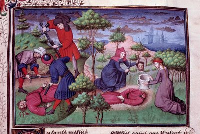 Cena de homicídio de dois homens cujos assassinos cortaram-lhes a cabeça. Página de um manuscrito em francês do "Decameron" de Giovanni Boccaccio dit Jean Boccace (1313-1375), escritor italiano, iluminado pelo Mestre de Mansel. 1450. Paris, Biblioteca do A de Vicente de Paredes