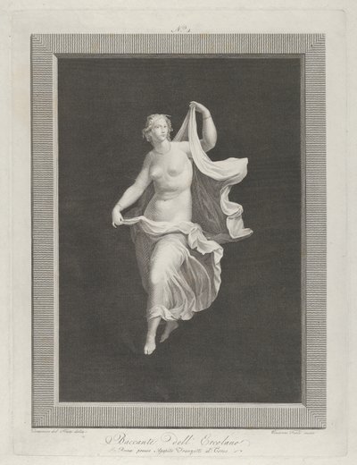 Uma bacante parcialmente nua avançando e segurando as pontas de suas cortinas em cada ..., ca. 1795-1820 de Vicenzo Feoli