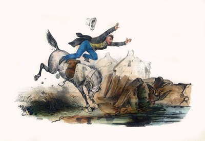 Um cavaleiro cai depois da pressa do seu cavalo. Em "Album Grotesque, Choices of Outstanding Types", ilustrações de Victor Adam, Paris, cerca de 1850. de Victor Adam