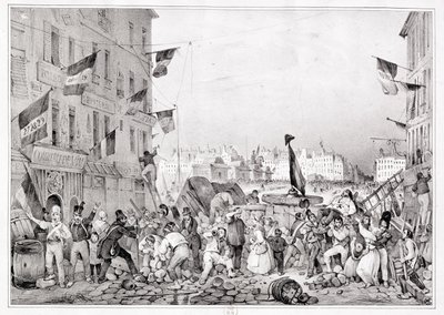 Barricada na Rue Dauphine, 29 de julho de 1830, gravada por H. Delaporte de Victor Adam