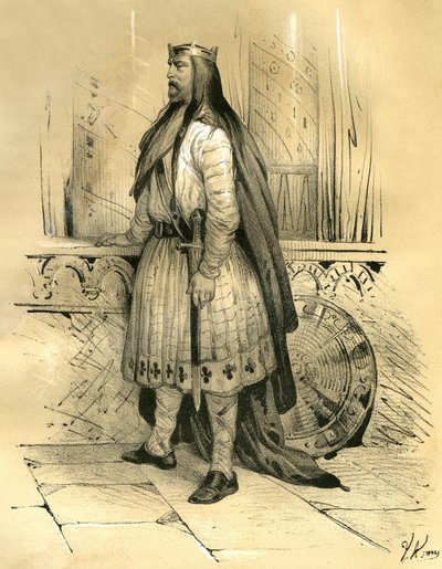 Clodion, o Cabelo, chefe dos francos salianos desde cerca de 428 até à sua morte em 447, provável antepassado dos merovíngios. Gravura de Victor Adam (1801-1866) no livro "A França na Idade Média", publicado pelos irmãos Ardant em meados do século XVI. de Victor Adam
