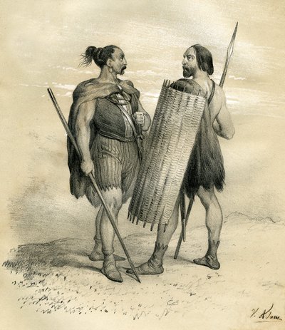 Guerreiros francos e sicambres por volta do ano 254. Os Sicambres eram um povo germânico a sul do Lippe, subordinado pelos romanos no século VIII e depois integrado no povo franco. Gravura de Victor Adam (1801-1866) no livro "France in t de Victor Adam