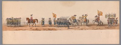 Procissão histórica no segundo centenário da Universidade de Ciências Aplicadas de Utrecht, 1836 (placa 7) Aproximação dos exércitos holandeses a Ostende, 3 de julho de 1600, um dia após a vitória em Nieuwpoort; de acordo com a representação fantasiada dad de Victor Adam
