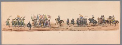 Concurso histórico no segundo centenário da Universidade de Utrecht, 1836 (placa 9)
Procissão do exército holandês a Ostende, a 3 de Julho de 1600, no dia seguinte à vitória em Nieuwpoort; de acordo com a representação fantasiada, dada por H H H Student de Victor Adam
