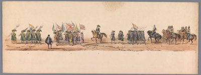 Concurso histórico no segundo centenário da Universidade de Utrecht, 1836 (placa 9)
Procissão do exército holandês a Ostende, a 3 de Julho de 1600, no dia seguinte à vitória em Nieuwpoort; de acordo com a representação fantasiada, dada por H H H Student de Victor Adam