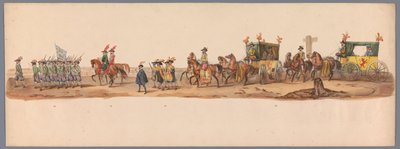 Procissão histórica no segundo centenário da Universidade de Ciências Aplicadas de Utrecht, 1836 (placa 6) Aproximação dos exércitos holandeses a Ostende, 3 de julho de 1600, um dia após a vitória em Nieuwpoort; de acordo com a representação fantasiada dad de Victor Adam