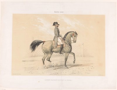 Laurent Franconi montando sua égua Norma Laurent Franconi Montant la Norma. (título no objeto) Cavalos e Cavaleiros no Hipódromo (título da série) Hippodrôme nacional (título da série no objeto) de Victor Adam