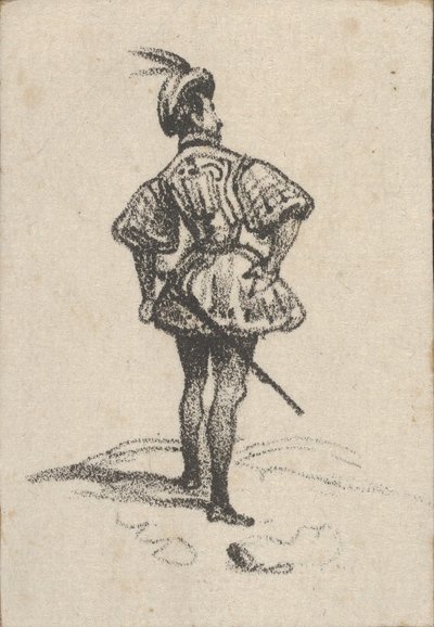 Homem com espada e chapéu de penas, visto de costas, meados do século XIX. de Victor Adam