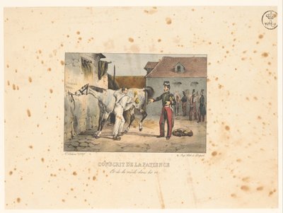 Rekruut verzorgt een paard Recruta de paciência e medula nos ossos (título no objeto) Cenas militares (título da série) Cenas militares (título da série) de Victor Adam