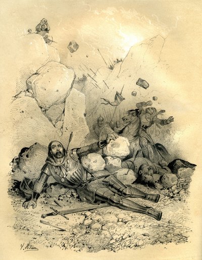 Rolando, conde da marcha da Bretanha, morto por um destacamento de vascos em 778 no vale de Ronceveaux (Pirinéus). Gravura de Victor Adam (1801-1866) no livro "A França na Idade Média", publicado pelos irmãos Ardant em meados da década de de Victor Adam