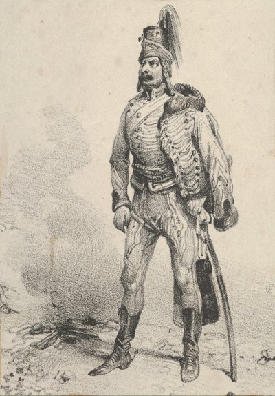Soldado de pé com sua jaqueta em um ombro, meados do século 19. de Victor Adam