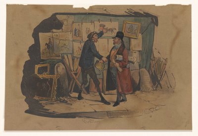 Vendedor ambulante com uma banca cheia de arte pára um homem de Victor Adam