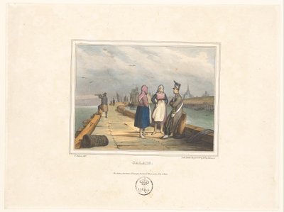 Duas garotas e um soldado no cais em Calais Calais (título no objeto) Trajes dos habitantes das cidades portuárias (título da série) Costumes de marins, designs dans les portos (título da série) de Victor Adam