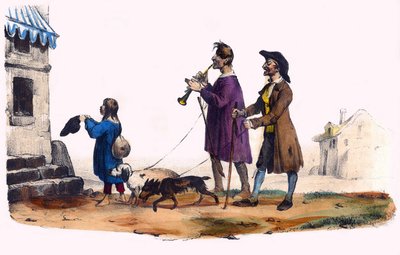 Dois cegos liderados por cães e uma criança mendiga. Em "Album Grotesque, Choices of Outstanding Types", ilustrações de Victor Adam, Paris, cerca de 1850. de Victor Adam
