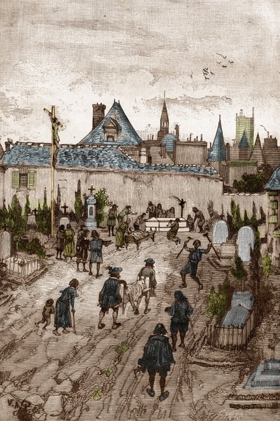 Jansenista convulsionário (ou São Medardo) (Obras de convulsões) no século XVIII: "os doentes e enfermos vão ao cemitério de São-Medardo (onde está o túmulo do diácono François Paris) para serem milagrosamente guerrilheiros" (Práticas convulsivas (Convulsi de Victor Armand Poirson