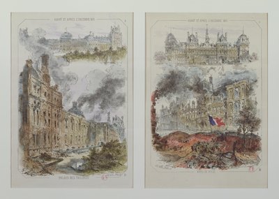 Vistas do Palácio das Tulherias e do Hotel de Ville antes e depois dos incêndios de 1871 de Victor Coindre