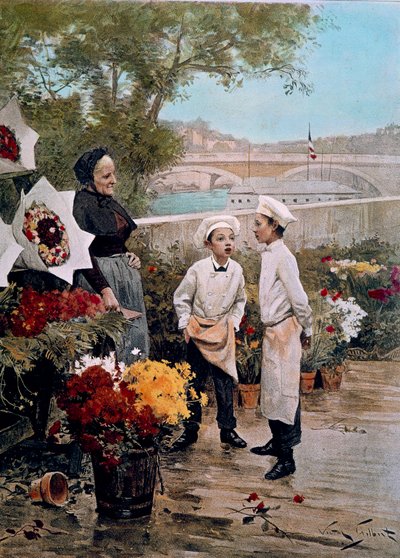 O partido do patrono Aprendizes floristas e uma florista nas docas. Gravura depois da Pintura de Victor Gabriel Gilbert (1847-1933) século XIX. Paris, artes decorativas de Victor Gabriel Gilbert