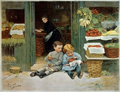 Faça-lhe uma visita guiada. Criança comendo torradas na frente da mercearia da mãe. A menina tem uma boneca de joelhos. Pintura de Victor Gilbert (1847-1935). Paris, Artes Decorativas de Victor Gabriel Gilbert