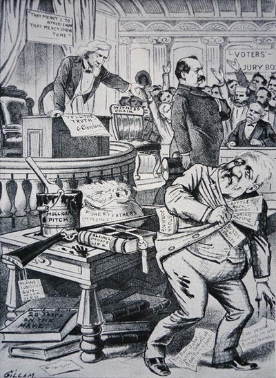 Grover Cleveland (1837-1908) a dizer a verdade sobre a sua vida privada, enquanto o seu adversário James Blaine (1830-93) é retratado como corrupto. de Victor Gillam