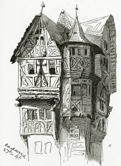 Casa, em, Bacharach, ligado, a, rio rhine, 19º século, (bw, engraving) de Victor Hugo