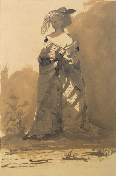 Mulher vestindo um casaco e um chapéu de penas (caneta und tinta e lavagem em papel) de Victor Hugo