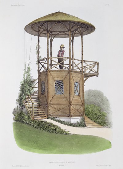 Pavilhão rústico em Marcilly, de &39;Habitations Champetres&39;, gravado por Beaquet Freres, c.1855 de Victor Jean Baptiste Petit