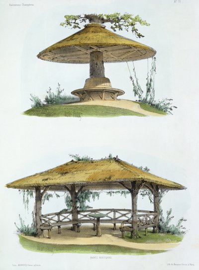 Bancos rústicos, de &39;Habitations Champetres&39;, publicado c.1855 (cromolitógrafo) de Victor Jean Baptiste Petit