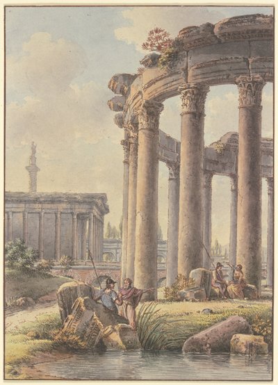 Capricho arquitetónico: ruínas de um templo circular, com a Coluna de Trajano ao fundo de Victor Jean Nicolle