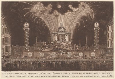 Decoração e Fogos de Artifício... o Nascimento de Monseigneur le Daufin (Fogos de Artifício Celebrando o Nascimento do Delfim) de Victor Jean Nicolle