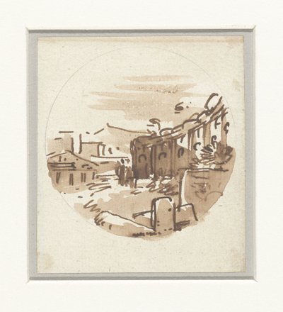 Esboço fugaz de edifícios clássicos, um templo e um pórtico numa parede curva de Victor Jean Nicolle