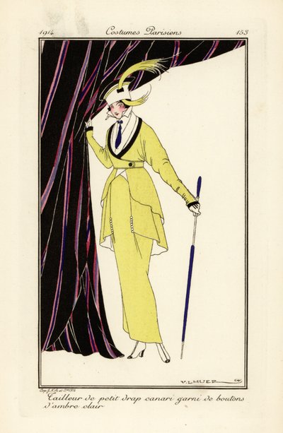 Mulher em vestido amarelo canário com botões âmbar. de Victor Lhuer