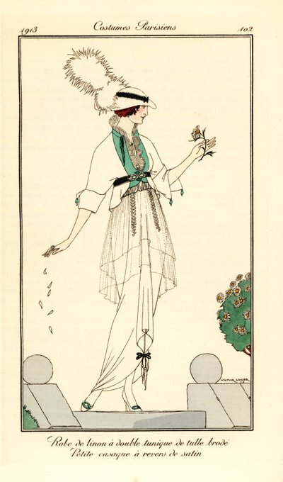 Mulher em vestido de linho com túnica dupla em tule bordado, casaco caseiro forrado com cetim. Robe de linon uma túnica dupla de tulle brode, petite casaque a revers de cetim. Piso colorido à mão (stencil) gravura depois de uma ilustração de Victor Lhu de Victor Lhuer