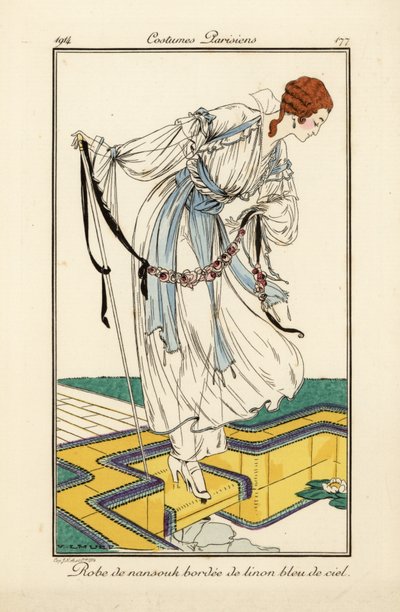 Mulher com vestido nainsook bordado com linho azul-celeste. de Victor Lhuer