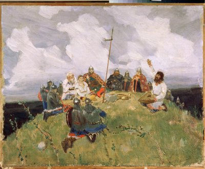 Boyan jouant du gousli (gusli, housli, husli) no século XI (Boyan tocando gusli) - Obra de Viktor Mikhaylovich Vasnetsov (1848-1926), óleo sobre papelão de Victor Mikhailovich Vasnetsov