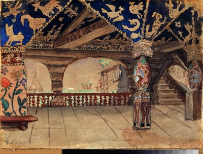 Decor preparatoire pour la peça de teatro "La demoiselle des neiges" de Alexandre Ostrovski (1823-1886) (Desenho de palco para a peça de teatro Snow Maiden de A Ostrovsky) La terrasse en bois - Oeuvre de Viktor Mikhaylovich Vasnetsov (1848-1926), huile sur de Victor Mikhailovich Vasnetsov