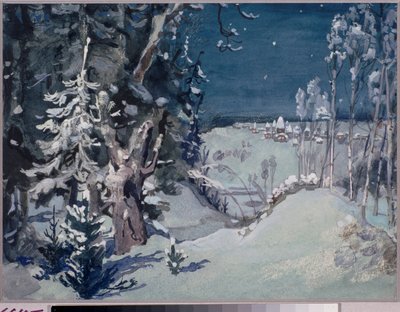 Desenho de palco para a ópera Snow Maiden de Nikolai Rimsky Korsakov (1844-1908) (Desenho de palco para a ópera Snow Maiden de N Rimsky Korsakov) Uma aldeia numa paisagem de neve à noite - Trabalho de Viktor Mi de Victor Mikhailovich Vasnetsov