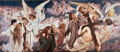 Devant le Paradis (Parte gauche) - Antes do paraíso (parte esquerda) - Pintura de Viktor Mikhaylovich Vasnetsov (1848-1926), óleo sobre tela de Victor Mikhailovich Vasnetsov