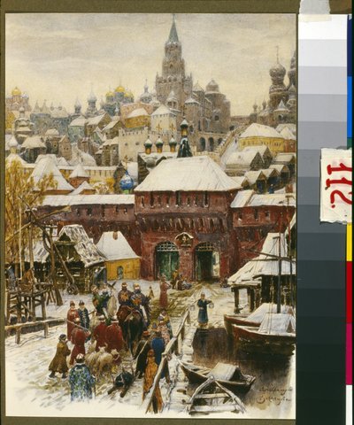 Moscou au 17e siecle (Moscou no século XVII). Oeuvre de Appolinari Mikhaylovich Vasnetsov (1856-1933), litografia. Art russe, fin 19e-debut 20e siecle. Museu de História e Reconstrução de Moscovo, Moscou. de Victor Mikhailovich Vasnetsov